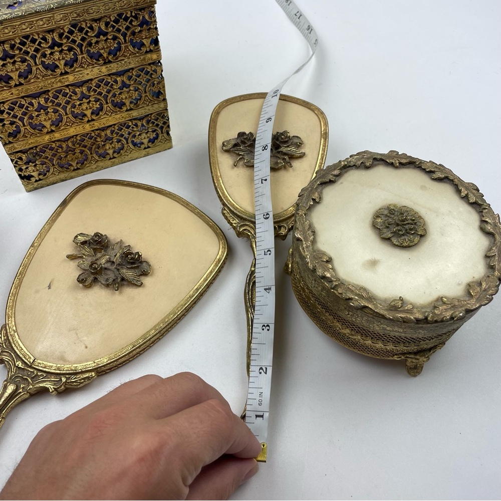 Vintage Filigree 6 Pc Vanity Set Hair Brush Hand Mirror & Perfume Tray Gold Tone - Picture 7 of 12